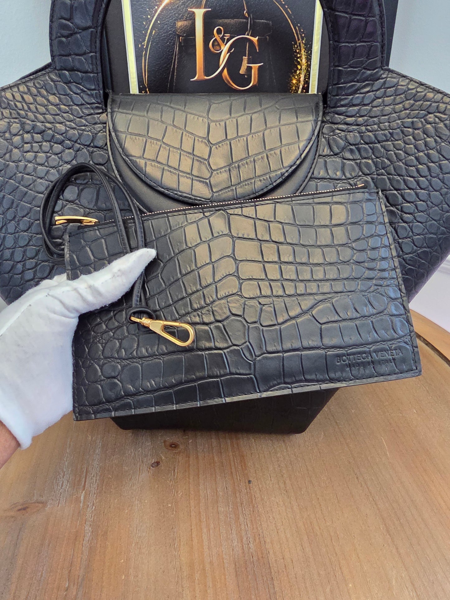 Bottega Veneta Black Crocodile Embossed Leather Top Handle Tote with Matching Pouch IG Luxury Archive Description