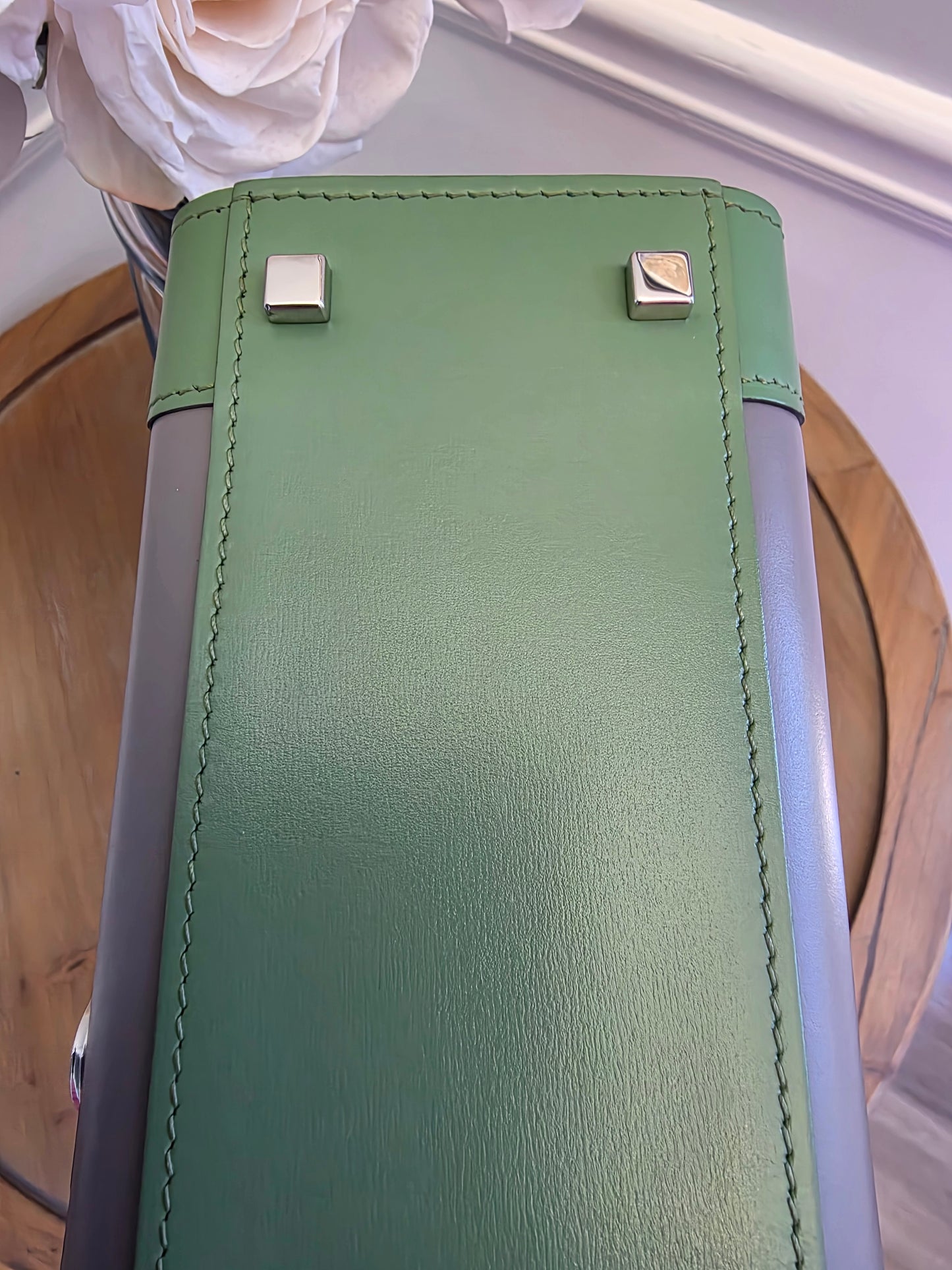 Moynat Réjane PM Top Handle Bag in Gris & Vert Calfskin