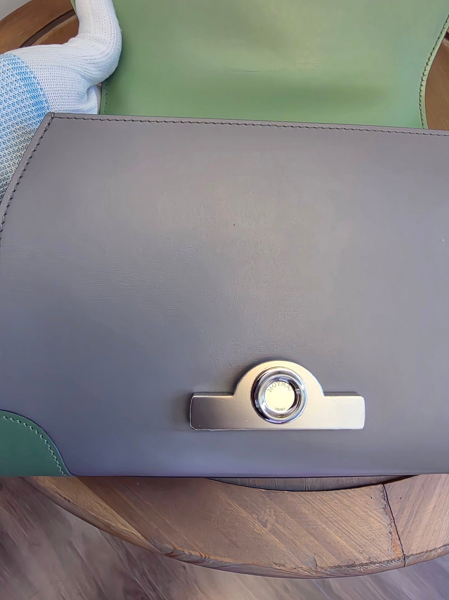 Moynat Réjane PM Top Handle Bag in Gris & Vert Calfskin
