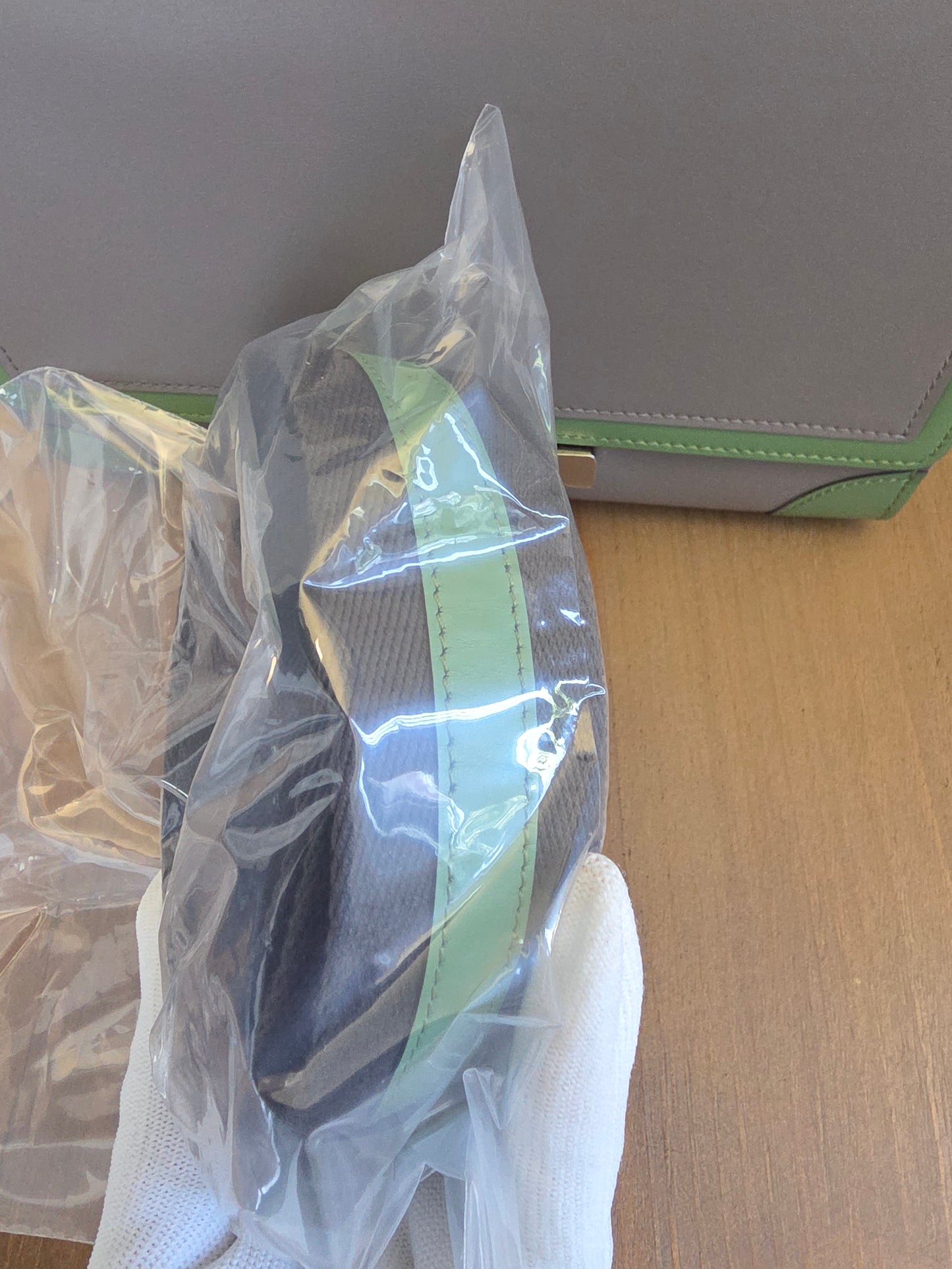 Moynat Réjane PM Top Handle Bag in Gris & Vert Calfskin