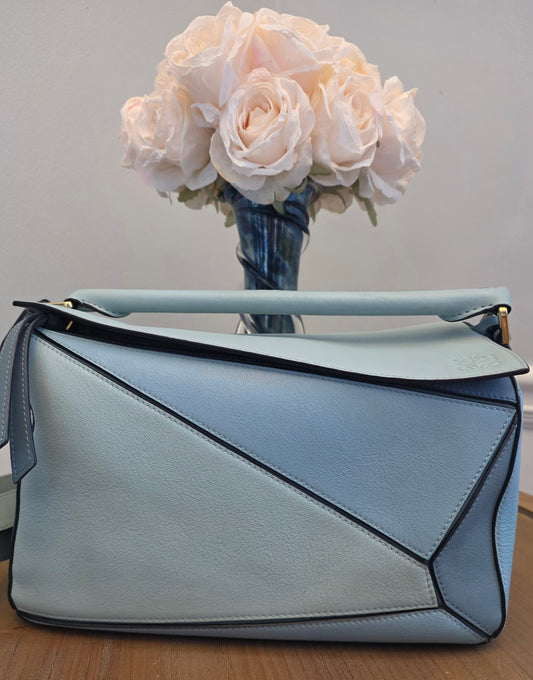 Loewe Small Puzzle Bag Powder Blue Leather Gold Hardware