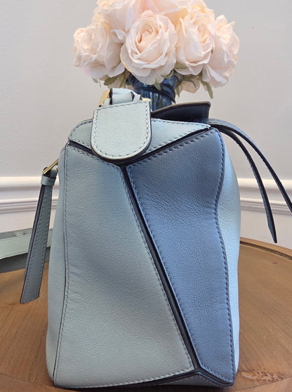 Loewe Small Puzzle Bag Powder Blue Leather Gold Hardware