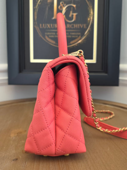Chanel Small Coco Handle Bag | Peach Coral Caviar Leather | Aged Gold Hardware | Rare Color