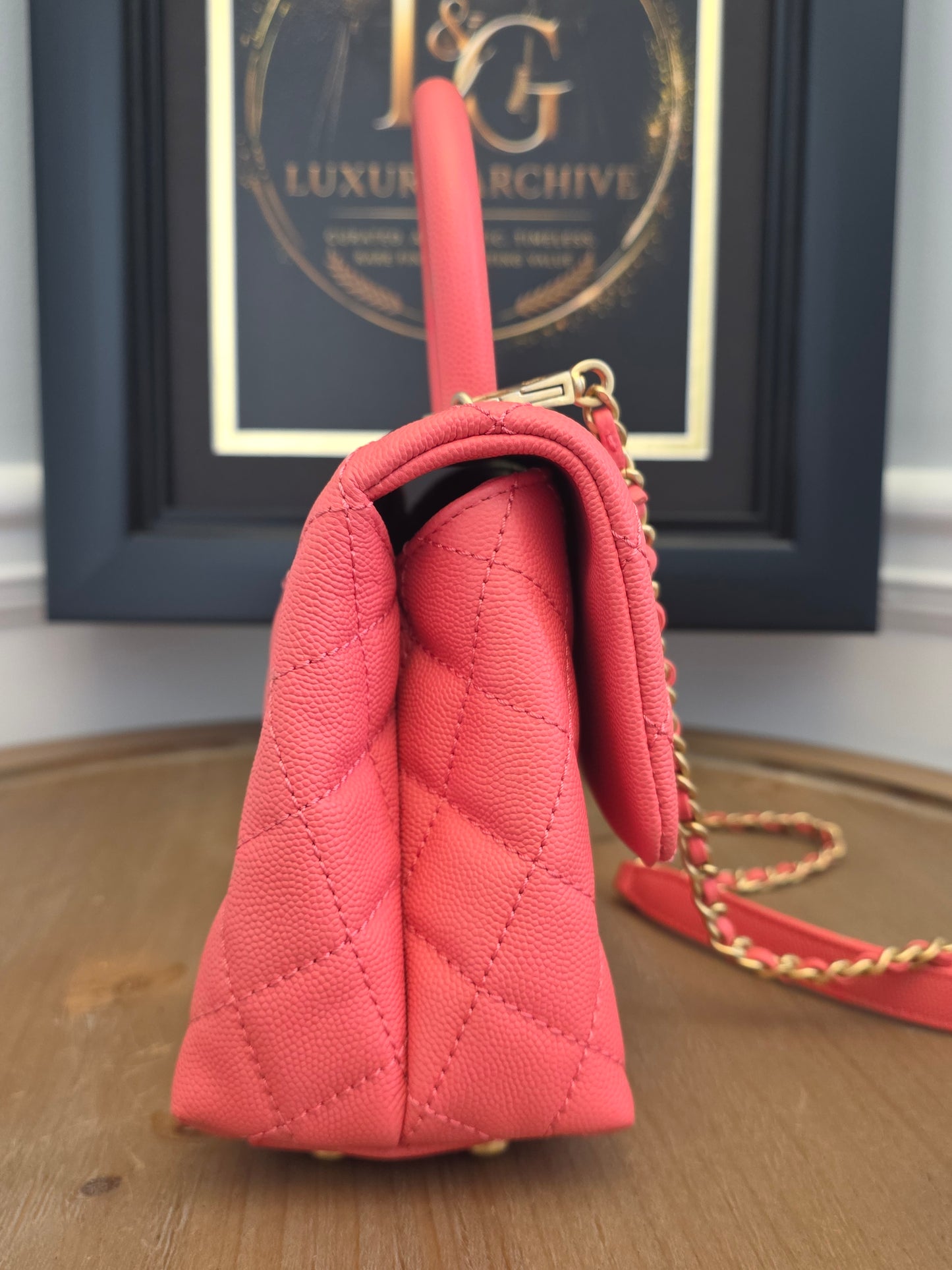 Chanel Small Coco Handle Bag | Peach Coral Caviar Leather | Aged Gold Hardware | Rare Color