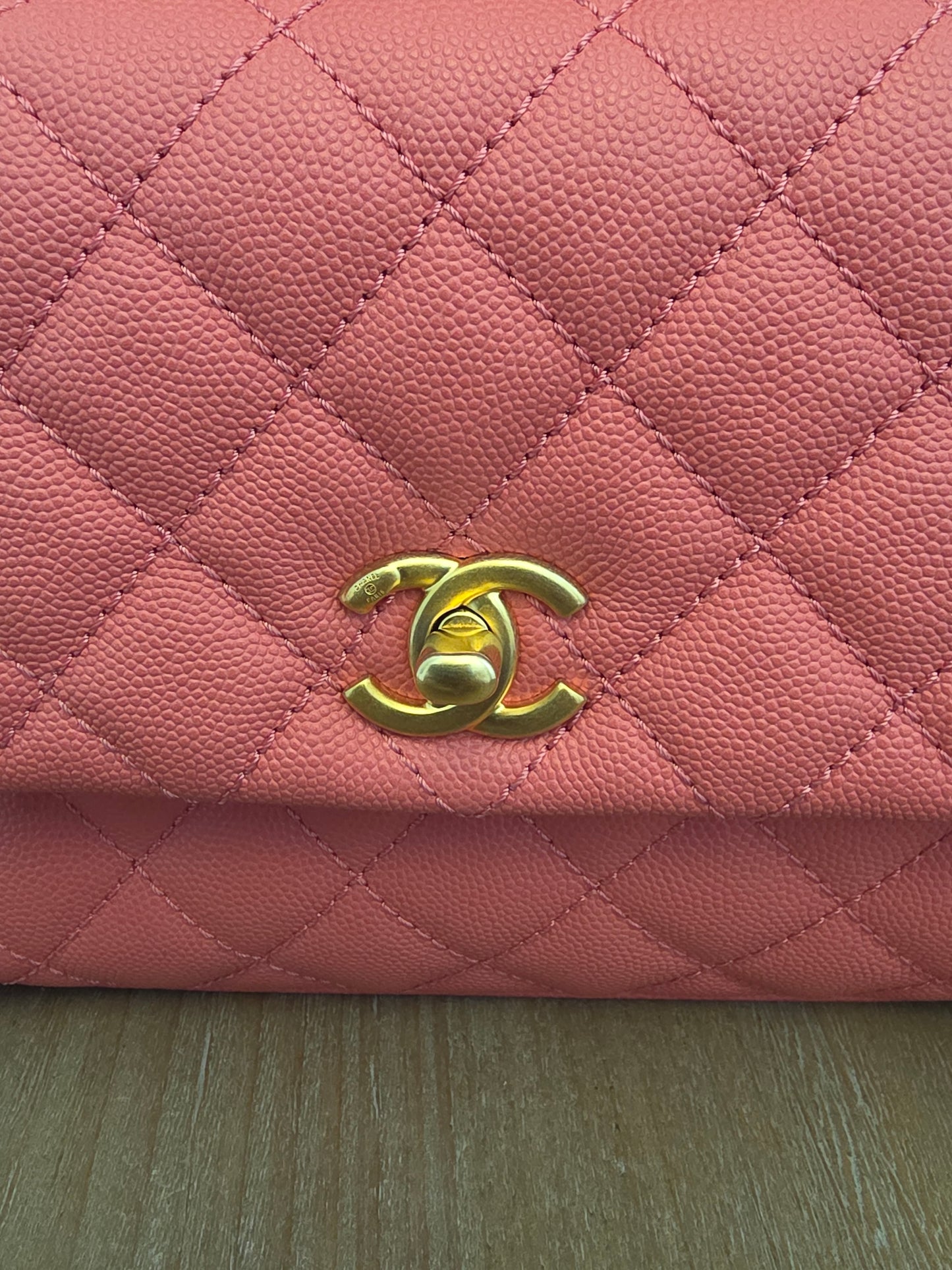 Chanel Small Coco Handle Bag | Peach Coral Caviar Leather | Aged Gold Hardware | Rare Color