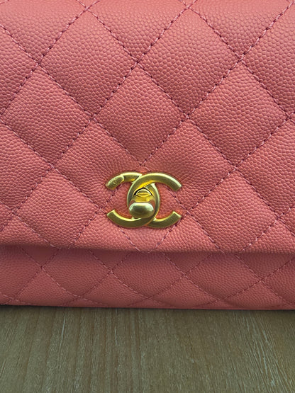 Chanel Small Coco Handle Bag | Peach Coral Caviar Leather | Aged Gold Hardware | Rare Color