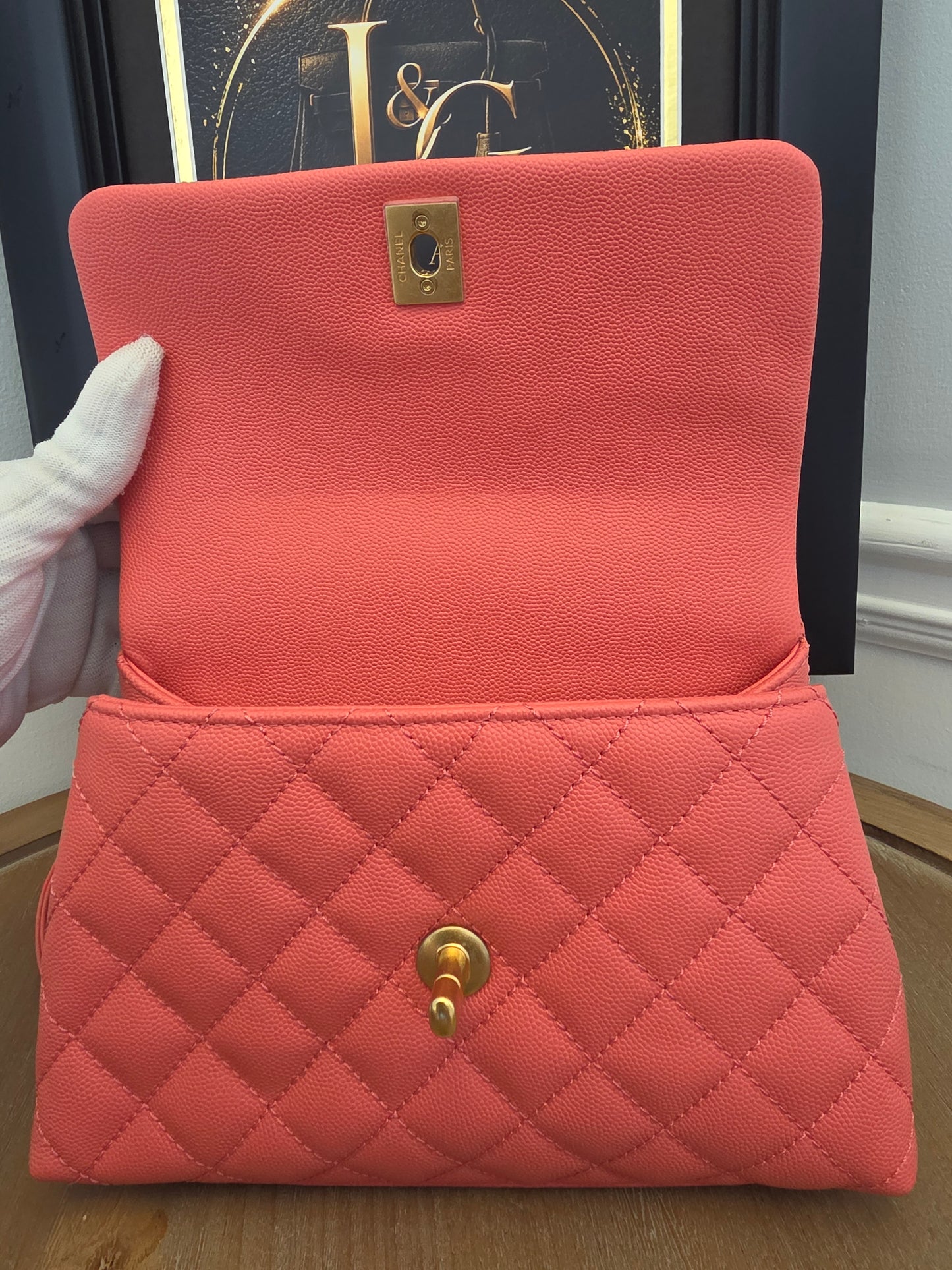 Chanel Small Coco Handle Bag | Peach Coral Caviar Leather | Aged Gold Hardware | Rare Color