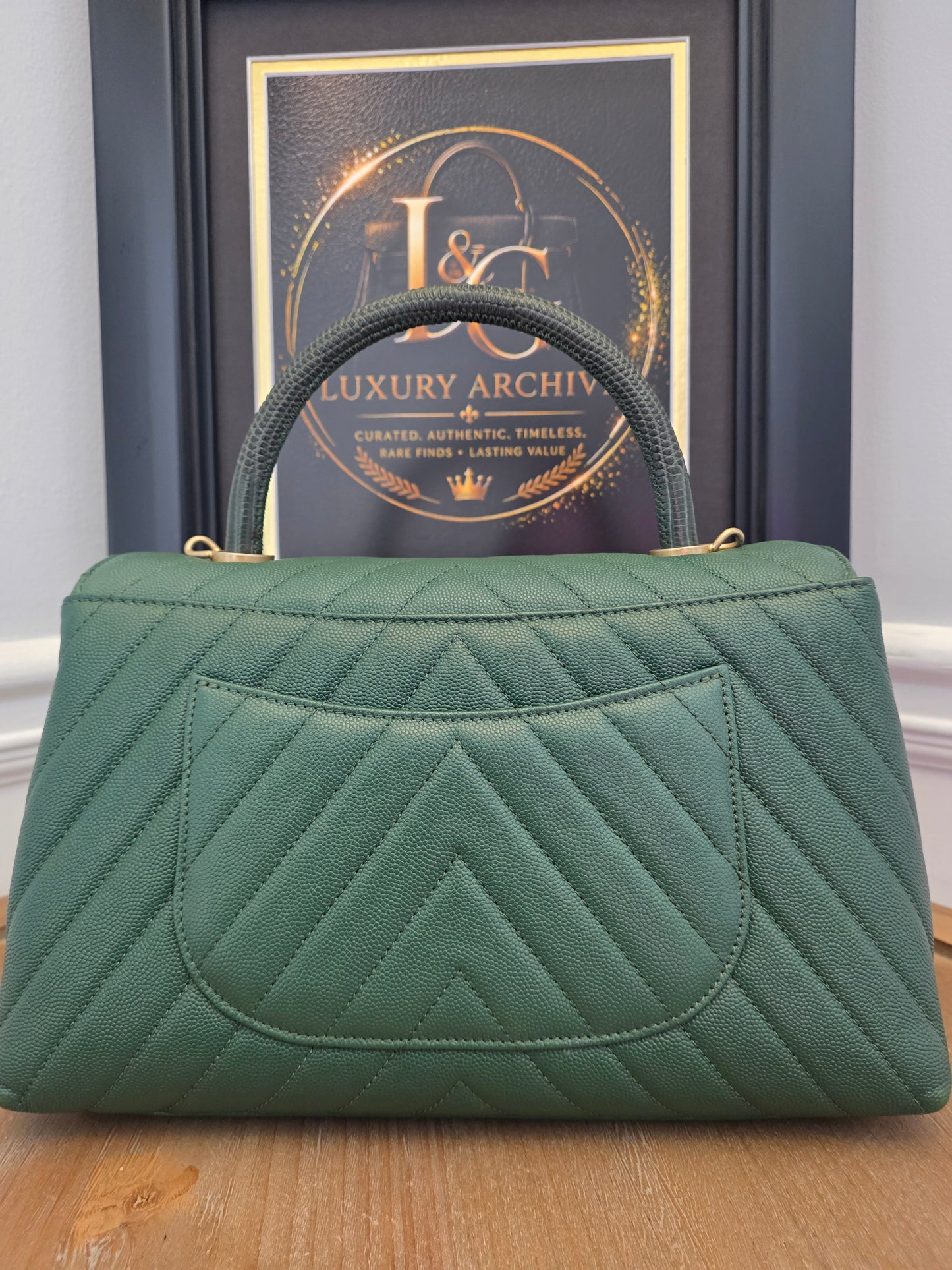 Chanel Chevron Top Handle Flap Bag in Emerald Caviar Leather | Ruthenium Hardware