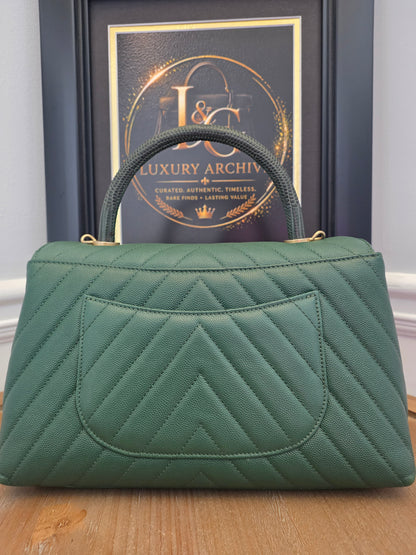 Chanel Chevron Top Handle Flap Bag in Emerald Caviar Leather | Ruthenium Hardware