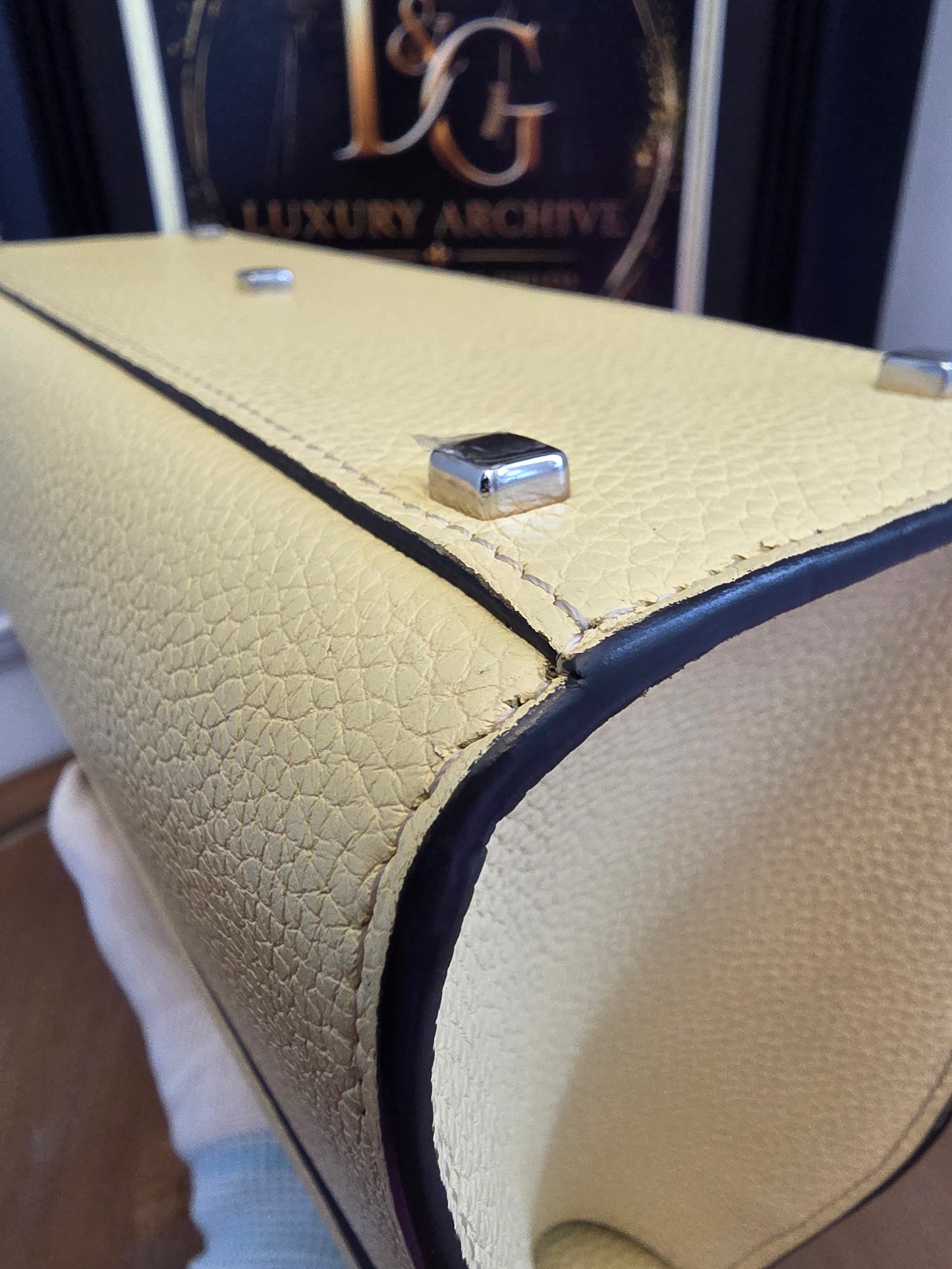 Moynat Réjane PM Greige Togo Leather Top Handle Bag