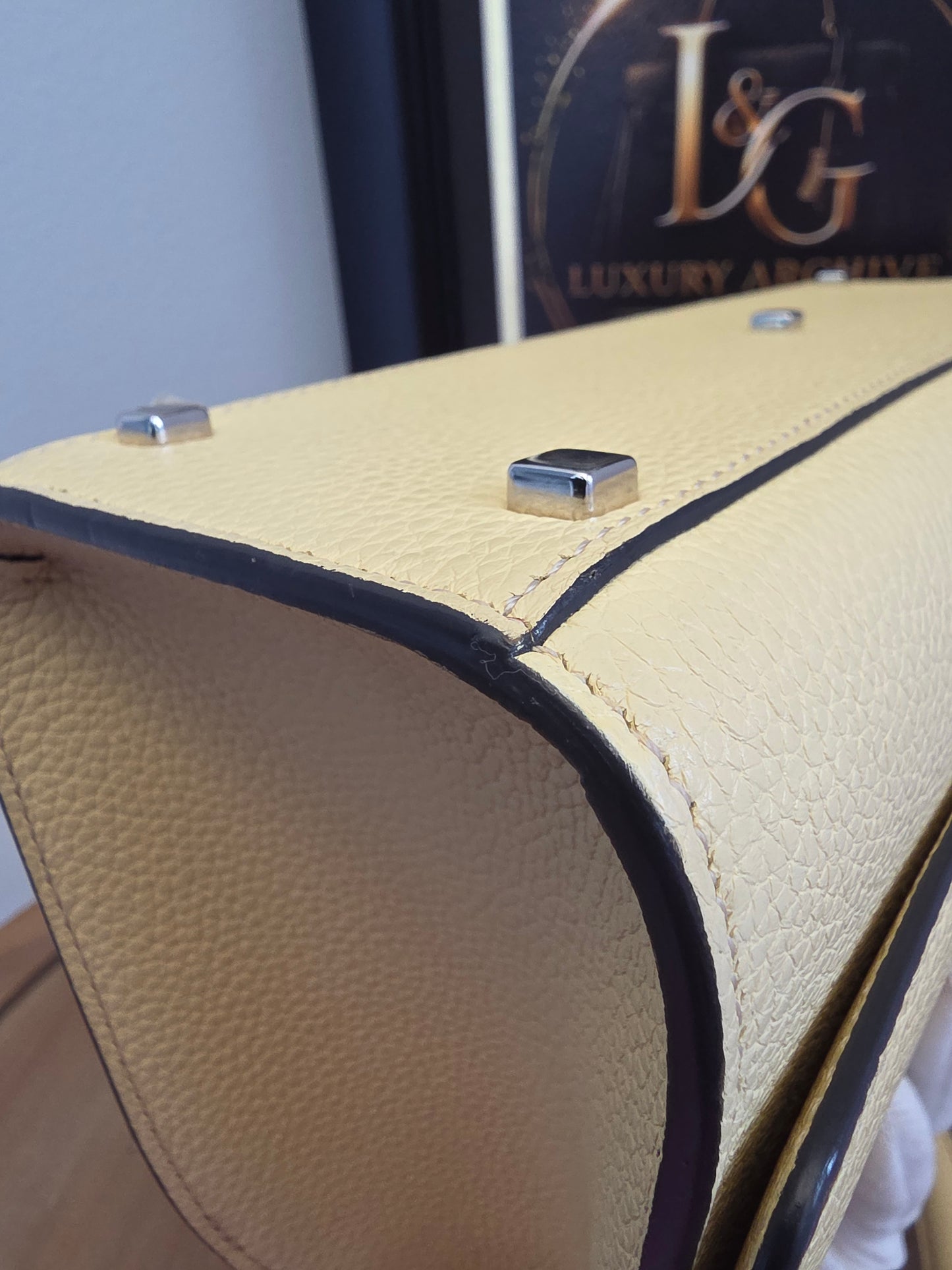 Moynat Réjane PM Greige Togo Leather Top Handle Bag