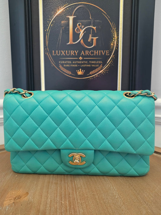 Chanel Classic Flap Medium  Turquoise / Tiffany Blue Lambskin with Brushed Gold Hardware Serial: 27-series | Made in France
