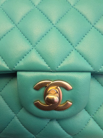 Chanel Classic Flap Medium  Turquoise / Tiffany Blue Lambskin with Brushed Gold Hardware Serial: 27-series | Made in France