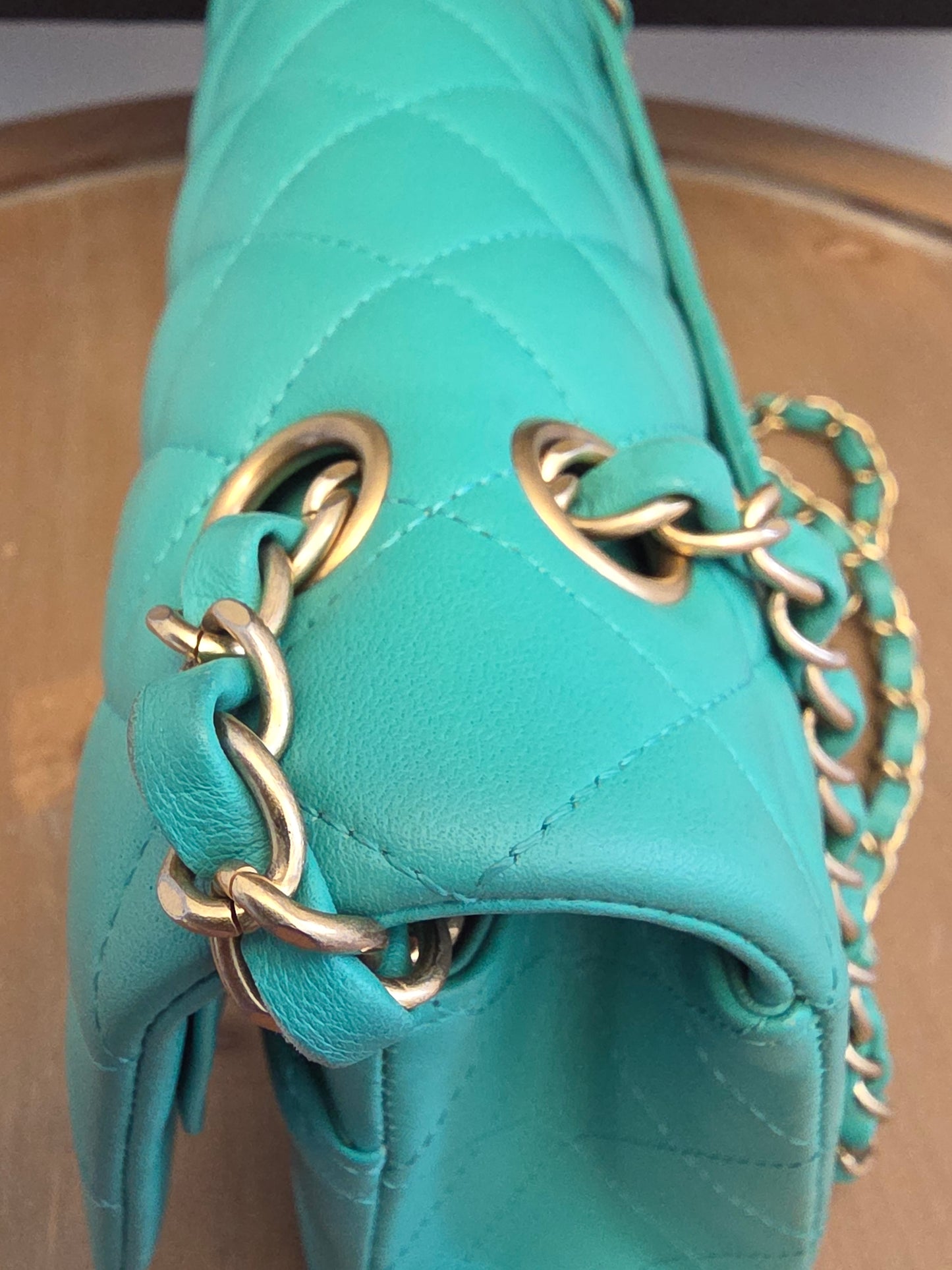 Chanel Classic Flap Medium  Turquoise / Tiffany Blue Lambskin with Brushed Gold Hardware Serial: 27-series | Made in France