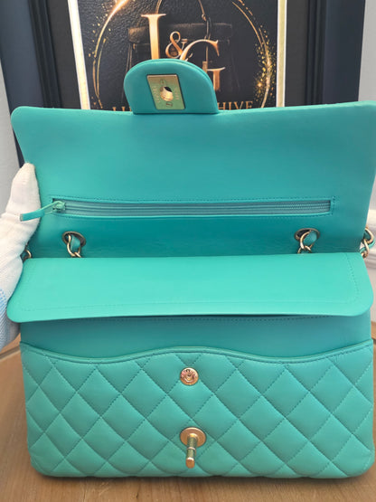 Chanel Classic Flap Medium  Turquoise / Tiffany Blue Lambskin with Brushed Gold Hardware Serial: 27-series | Made in France