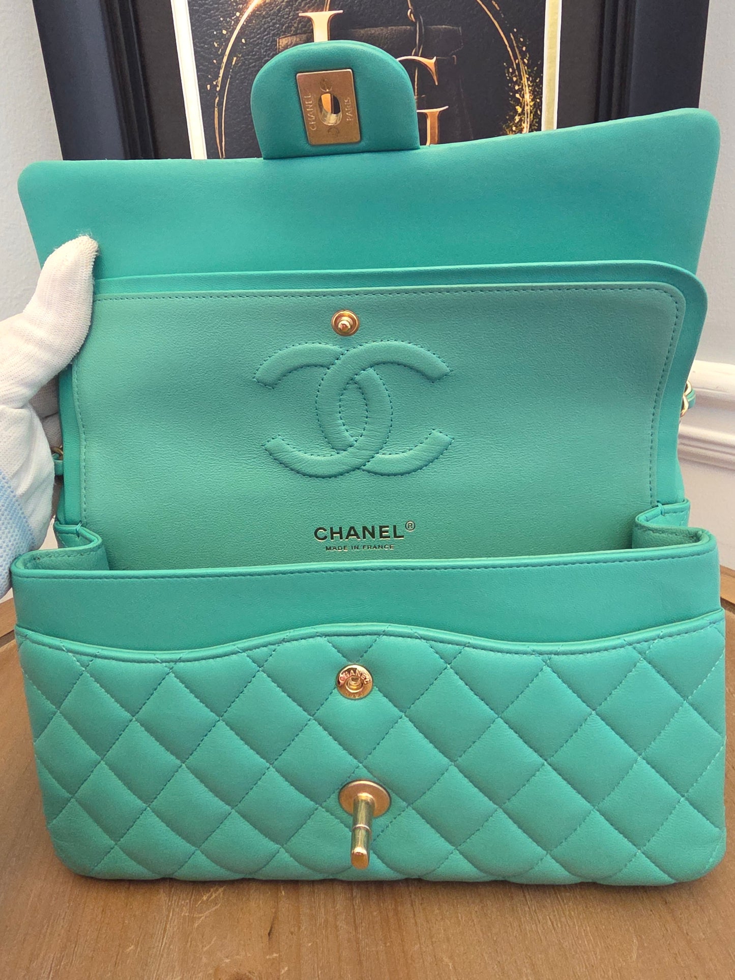 Chanel Classic Flap Medium  Turquoise / Tiffany Blue Lambskin with Brushed Gold Hardware Serial: 27-series | Made in France