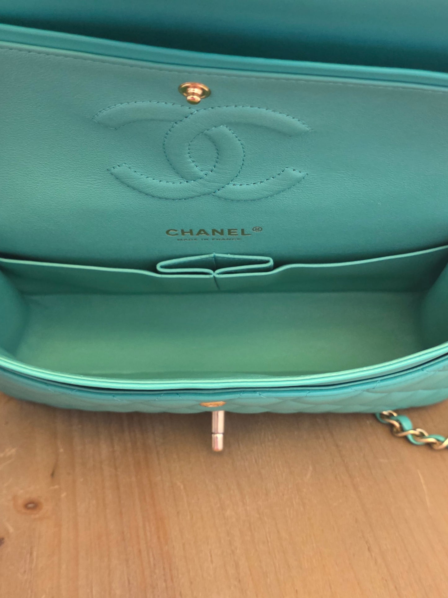 Chanel Classic Flap Medium  Turquoise / Tiffany Blue Lambskin with Brushed Gold Hardware Serial: 27-series | Made in France