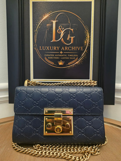 Gucci Padlock GG Signature Leather Chain Shoulder Bag – Navy & Gold 💎