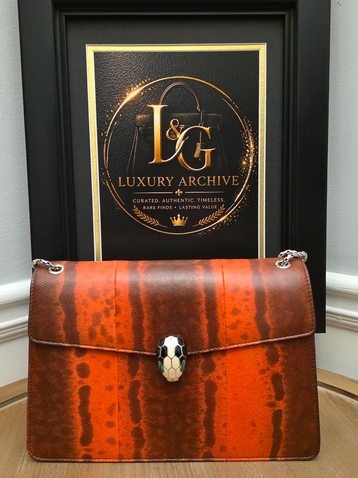 BVLGARI SERPENTI CHAIN SHOULDER BAGBurnt Orange Exotic Print Leather with Enamel Snake Head Closure