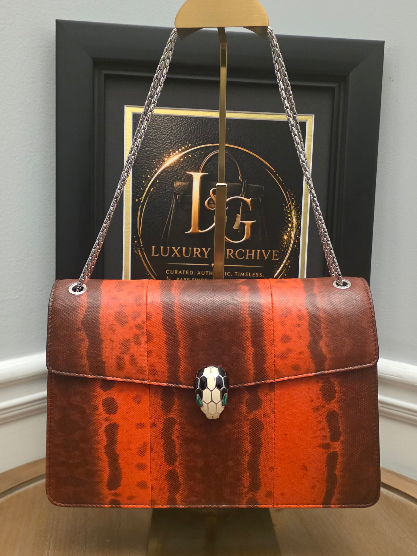 BVLGARI SERPENTI CHAIN SHOULDER BAGBurnt Orange Exotic Print Leather with Enamel Snake Head Closure