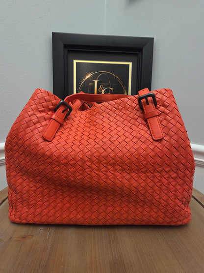 Bottega Veneta Maxi Cabat Intrecciato Woven Leather Tote Bag Coral Orange XL