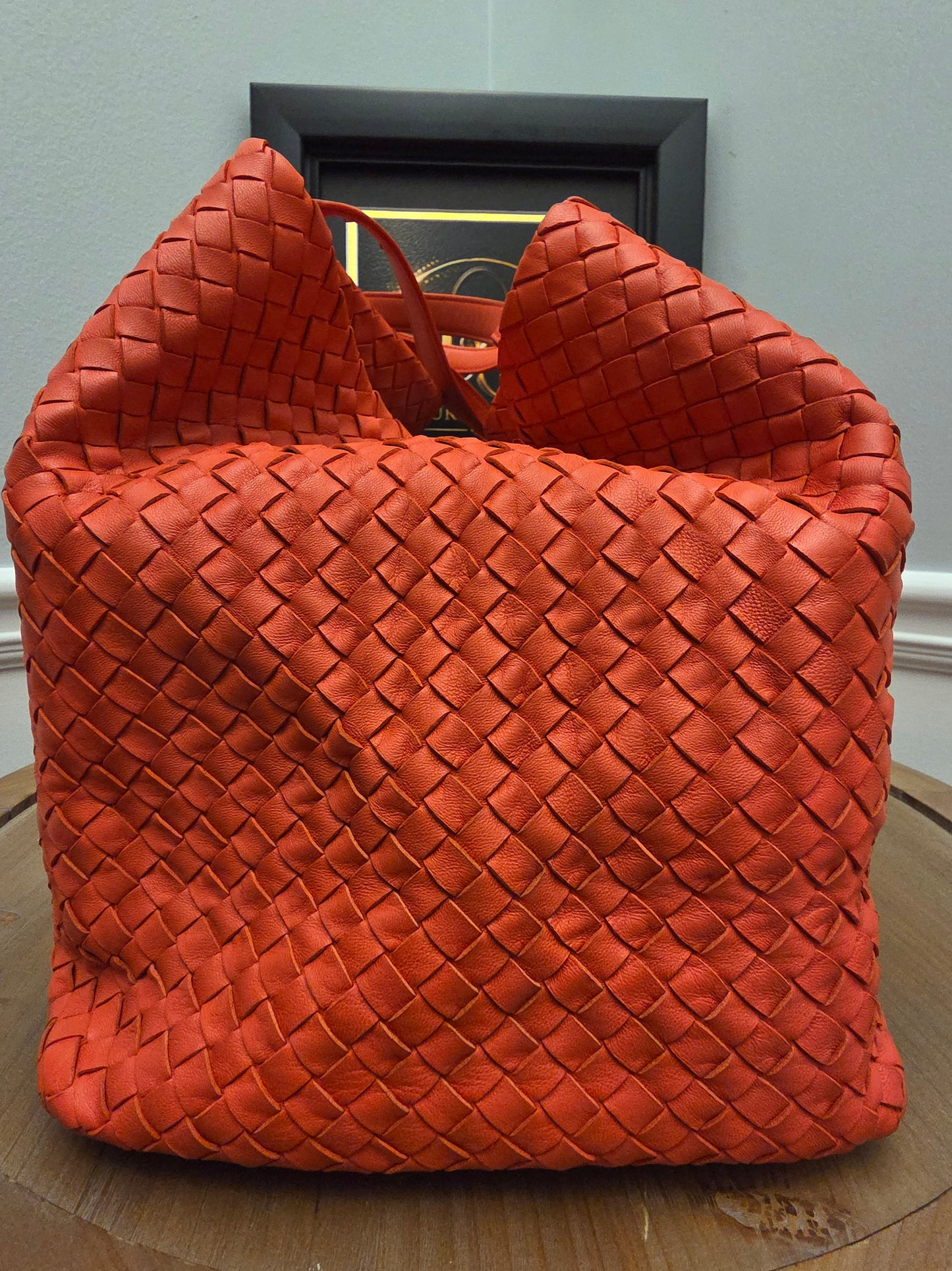 Bottega Veneta Maxi Cabat Intrecciato Woven Leather Tote Bag Coral Orange XL