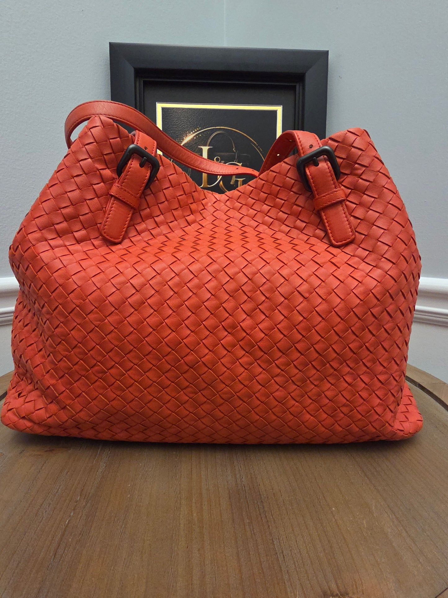 Bottega Veneta Maxi Cabat Intrecciato Woven Leather Tote Bag Coral Orange XL