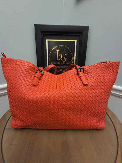 Bottega Veneta Maxi Cabat Intrecciato Woven Leather Tote Bag Coral Orange XL