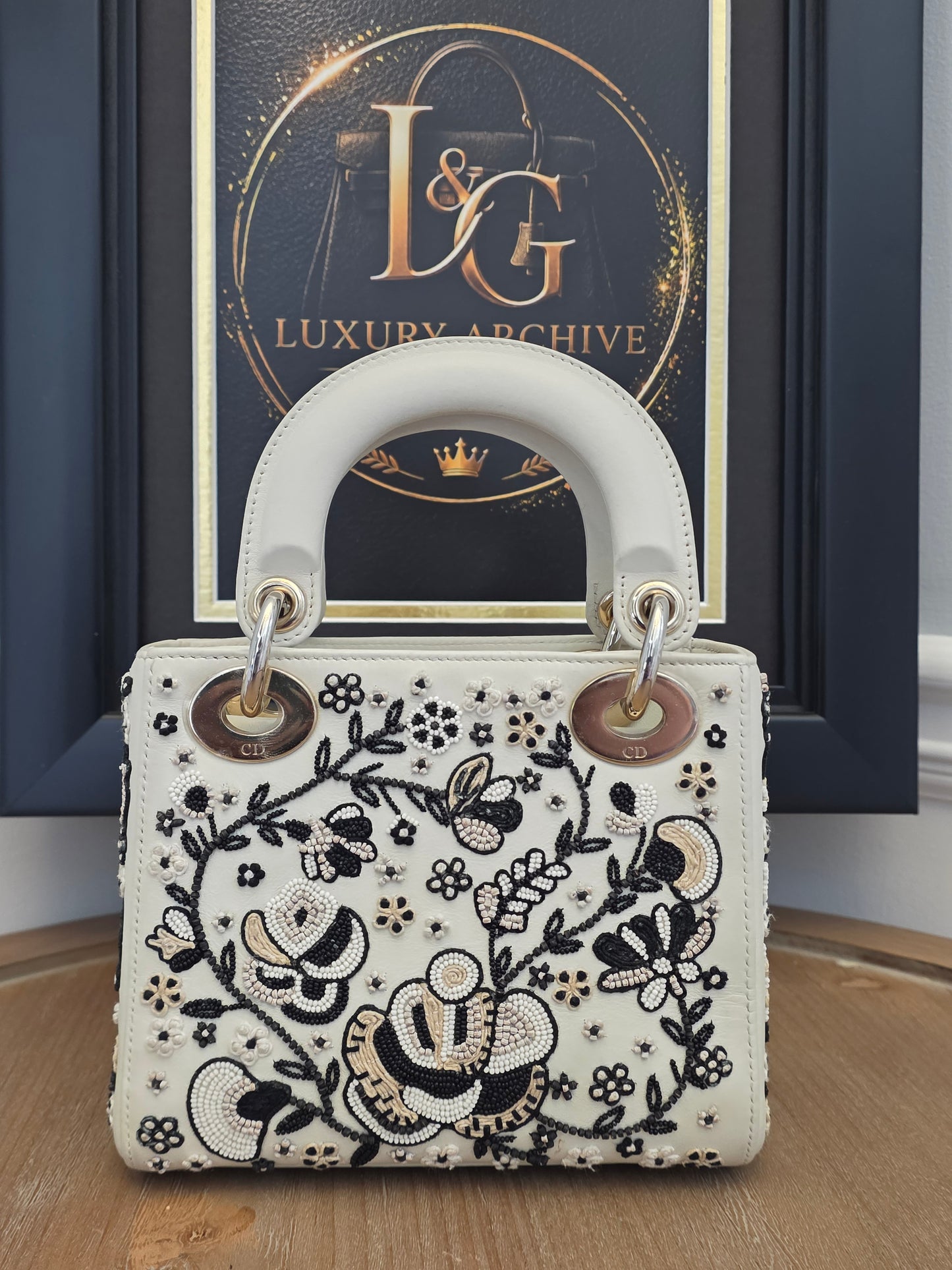 Christian Dior Mini Lady Dior Floral Beaded Embroidered Lambskin Bag – Ivory/Black