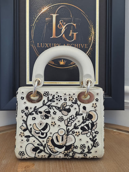 Christian Dior Mini Lady Dior Floral Beaded Embroidered Lambskin Bag – Ivory/Black