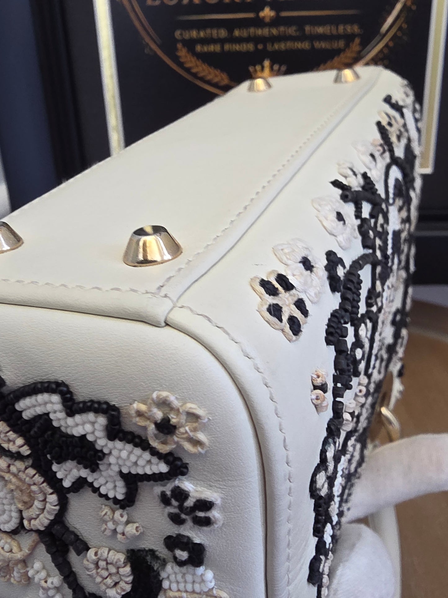 Christian Dior Mini Lady Dior Floral Beaded Embroidered Lambskin Bag – Ivory/Black