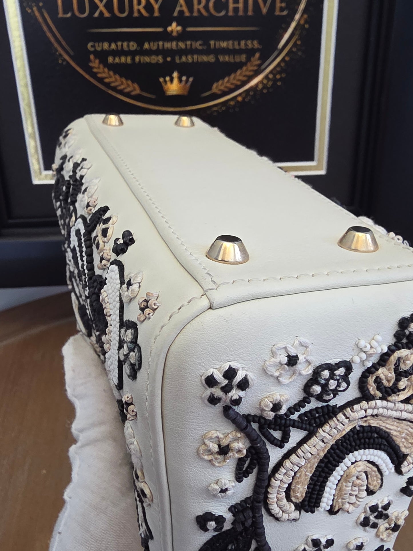 Christian Dior Mini Lady Dior Floral Beaded Embroidered Lambskin Bag – Ivory/Black