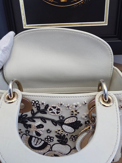 Christian Dior Mini Lady Dior Floral Beaded Embroidered Lambskin Bag – Ivory/Black