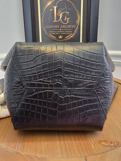 Bottega Veneta Black Crocodile Embossed Leather Top Handle Tote with Matching Pouch  IG Luxury Archive Description