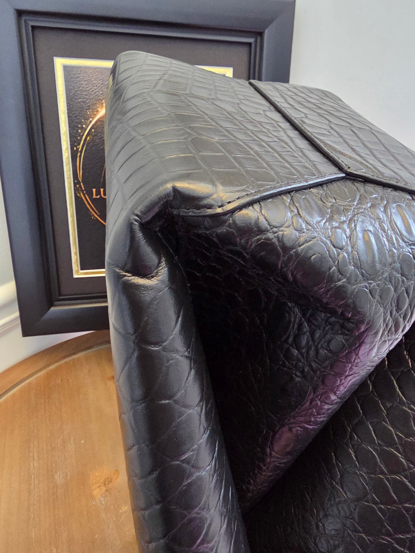 Bottega Veneta Black Crocodile Embossed Leather Top Handle Tote with Matching Pouch  IG Luxury Archive Description