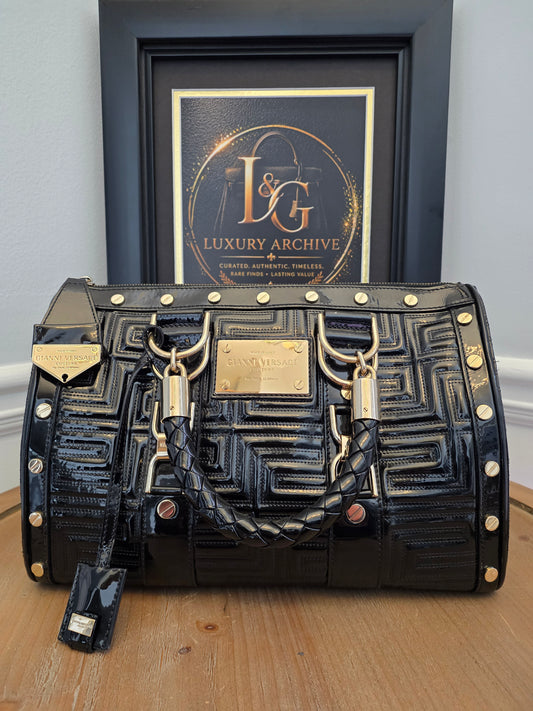 Gianni Versace Couture Black Patent Greek Key Boston Bag