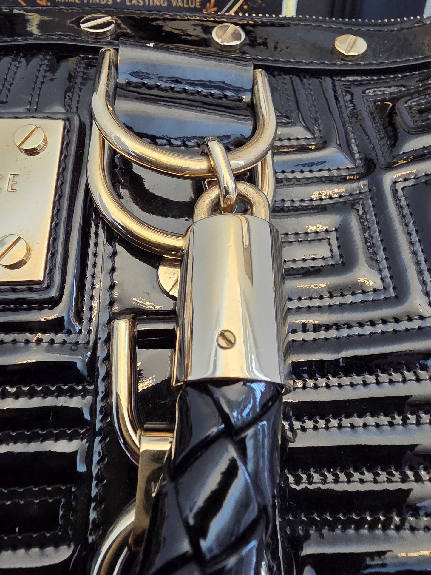 Gianni Versace Couture Black Patent Greek Key Boston Bag