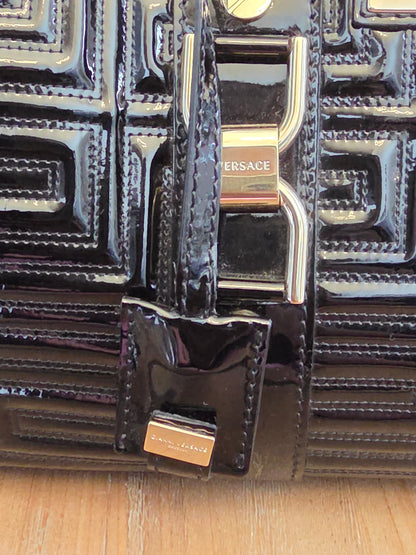 Gianni Versace Couture Black Patent Greek Key Boston Bag