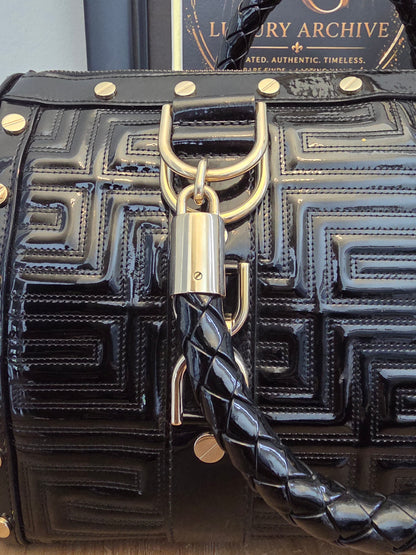 Gianni Versace Couture Black Patent Greek Key Boston Bag