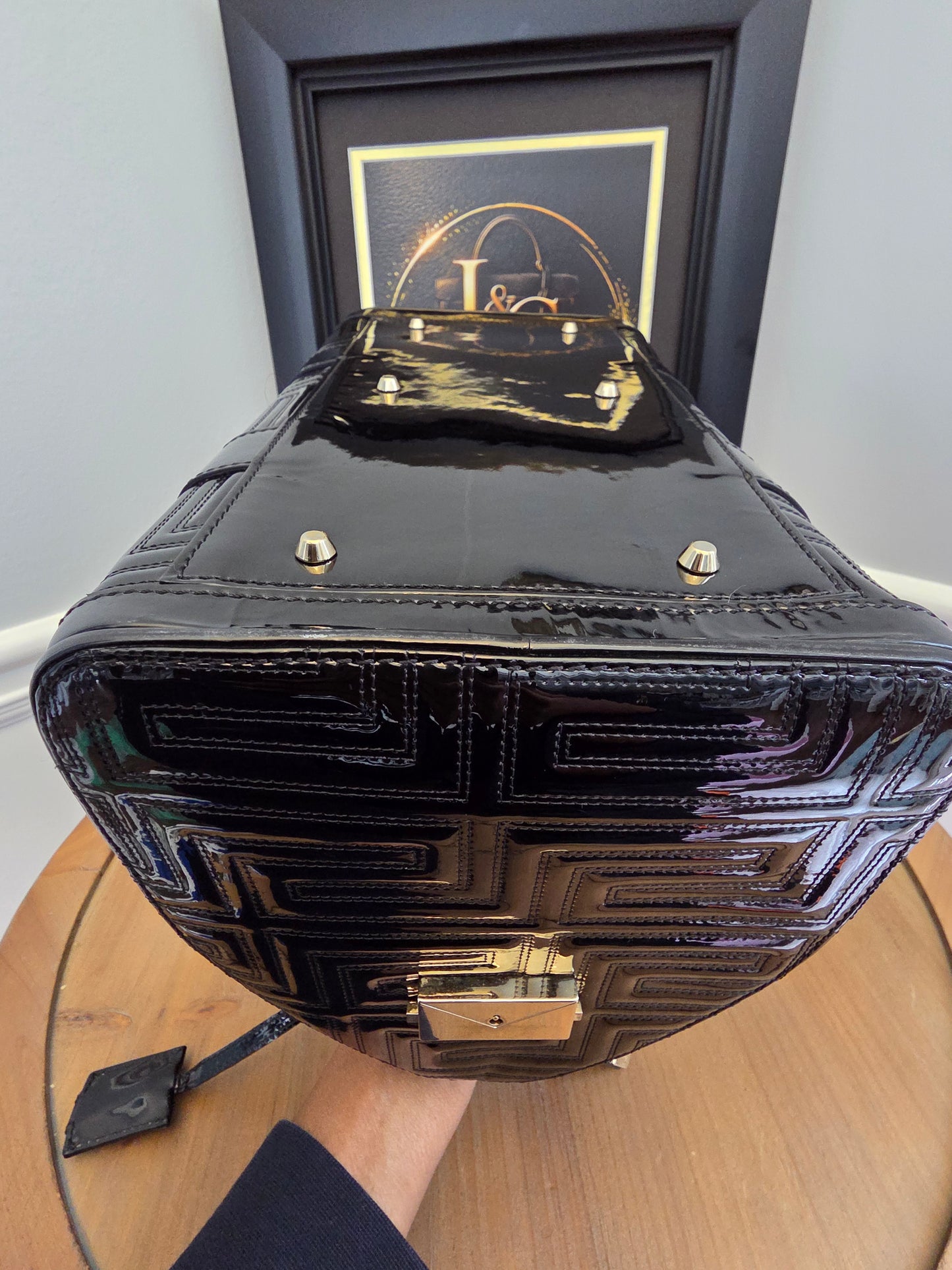Gianni Versace Couture Black Patent Greek Key Boston Bag
