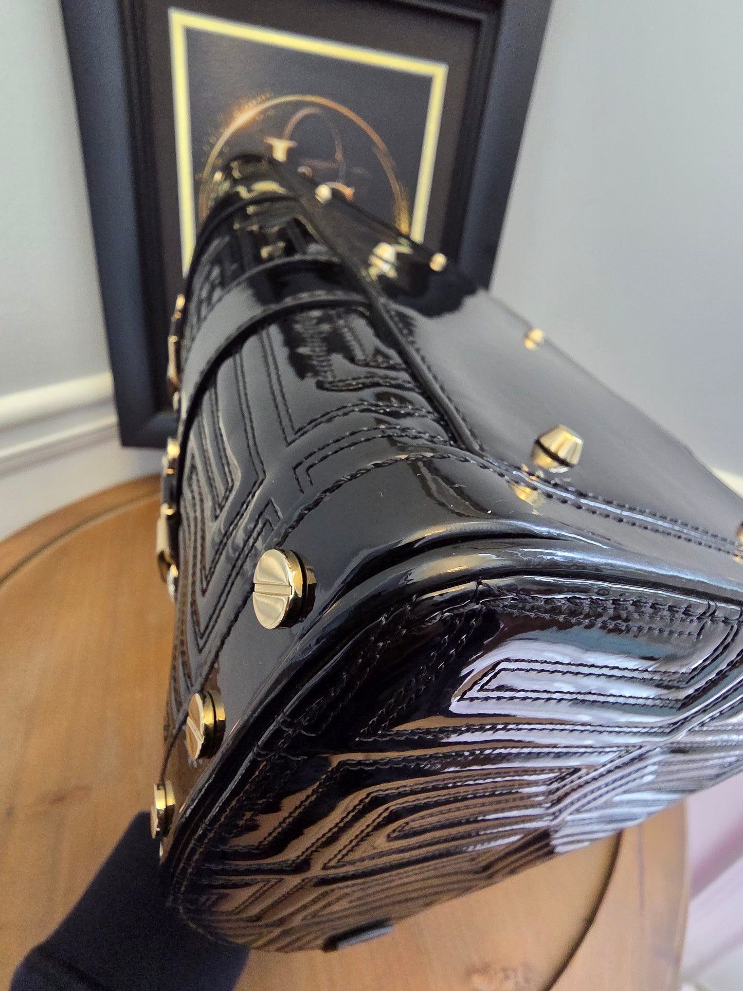 Gianni Versace Couture Black Patent Greek Key Boston Bag