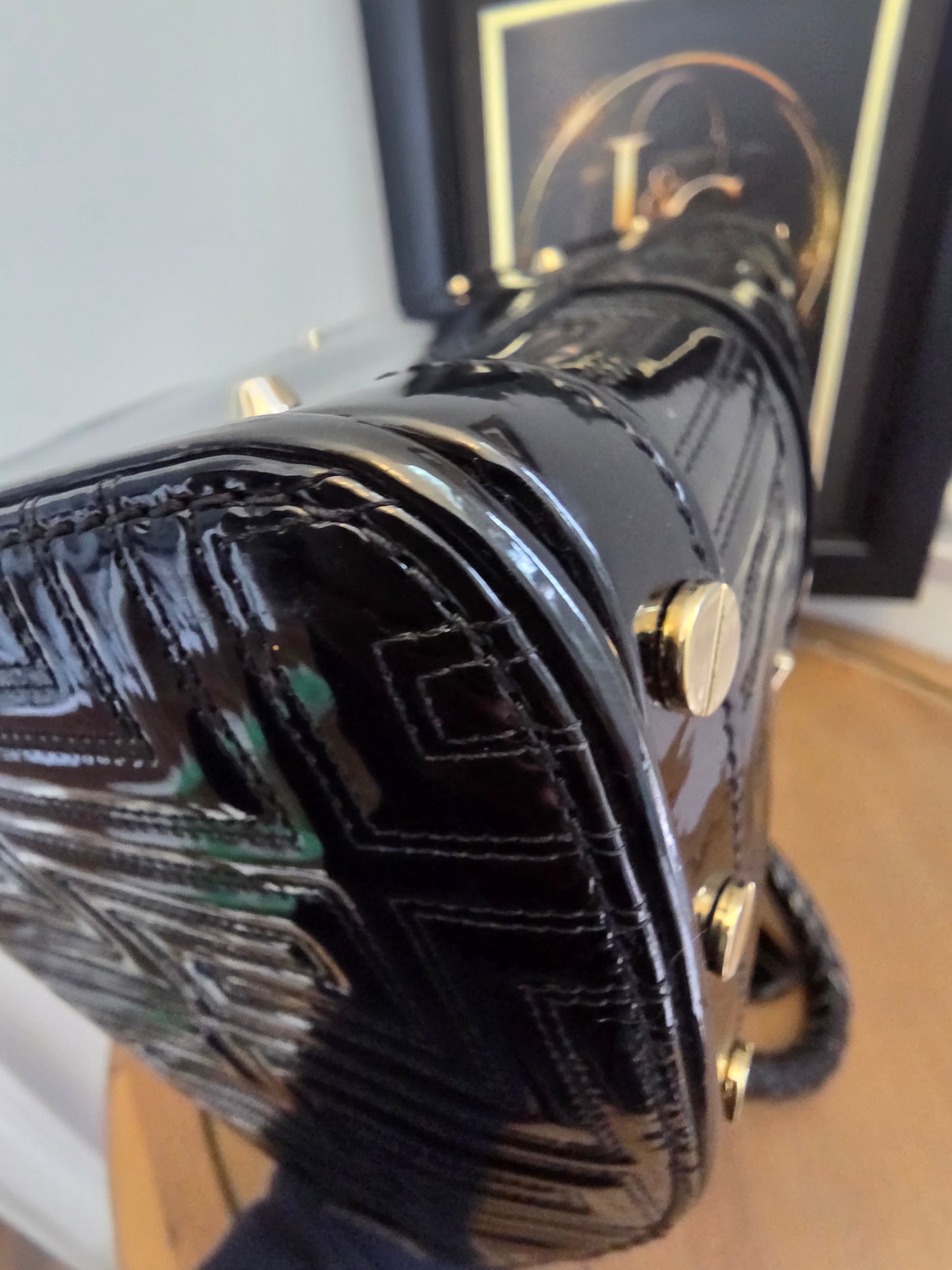 Gianni Versace Couture Black Patent Greek Key Boston Bag
