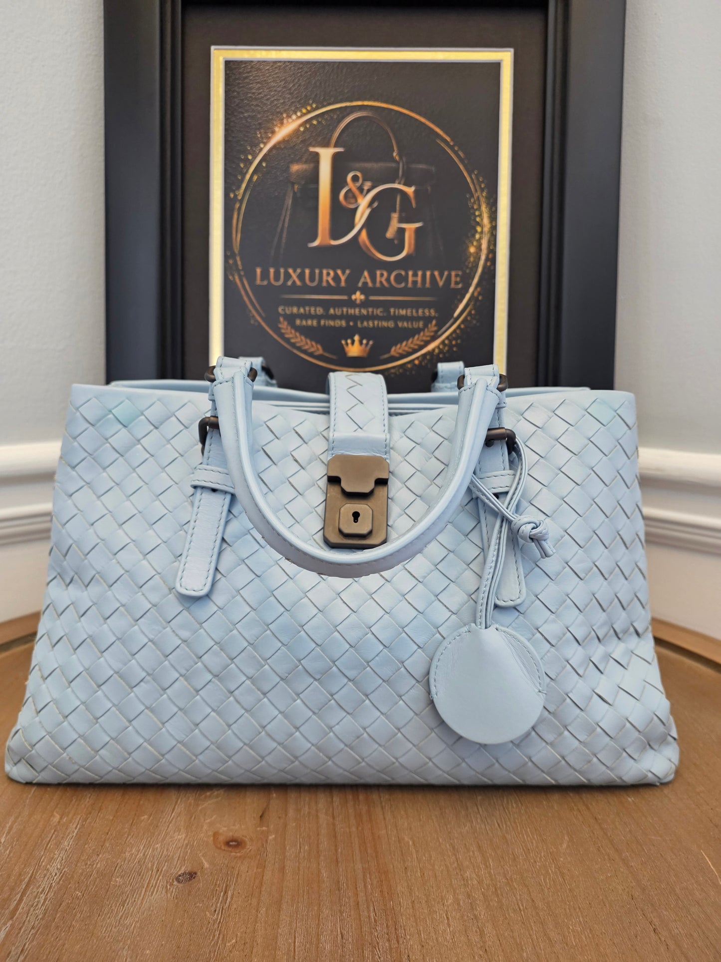 Bottega Veneta Roma Intrecciato Tote Bag in Light Blue with Brunito Hardware