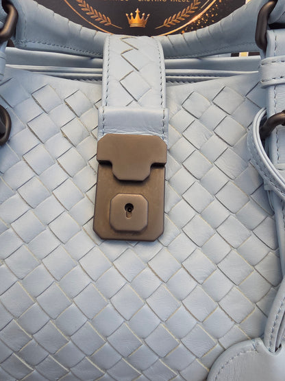 Bottega Veneta Roma Intrecciato Tote Bag in Light Blue with Brunito Hardware
