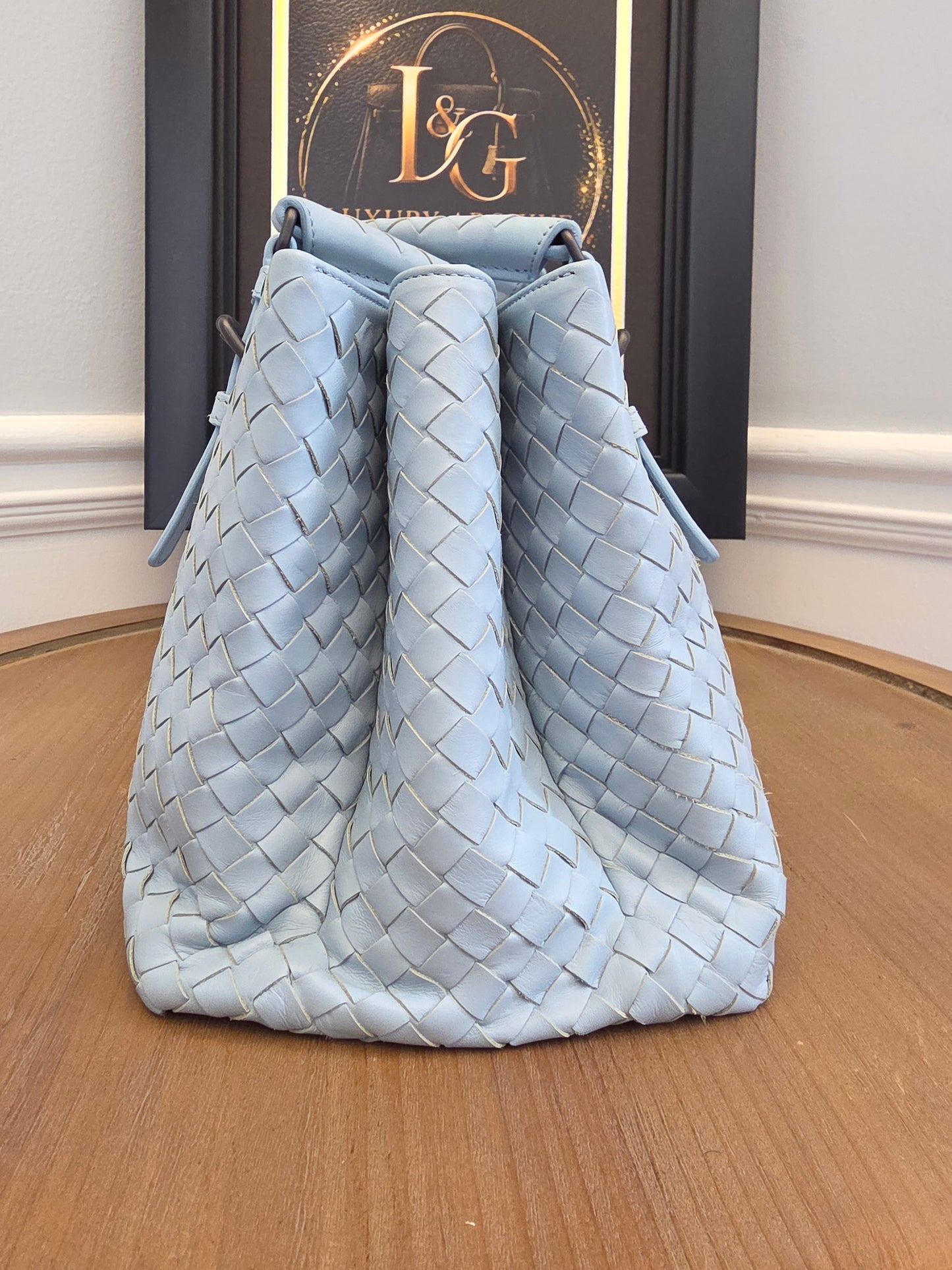 Bottega Veneta Roma Intrecciato Tote Bag in Light Blue with Brunito Hardware
