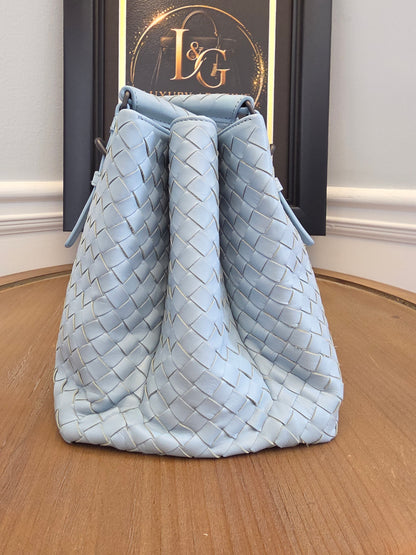 Bottega Veneta Roma Intrecciato Tote Bag in Light Blue with Brunito Hardware