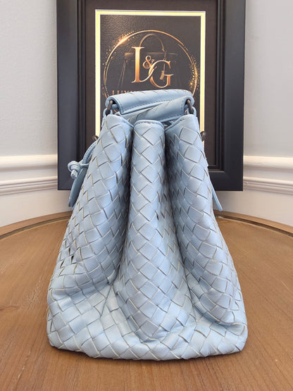 Bottega Veneta Roma Intrecciato Tote Bag in Light Blue with Brunito Hardware