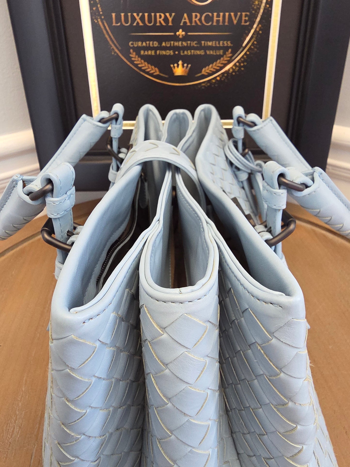 Bottega Veneta Roma Intrecciato Tote Bag in Light Blue with Brunito Hardware