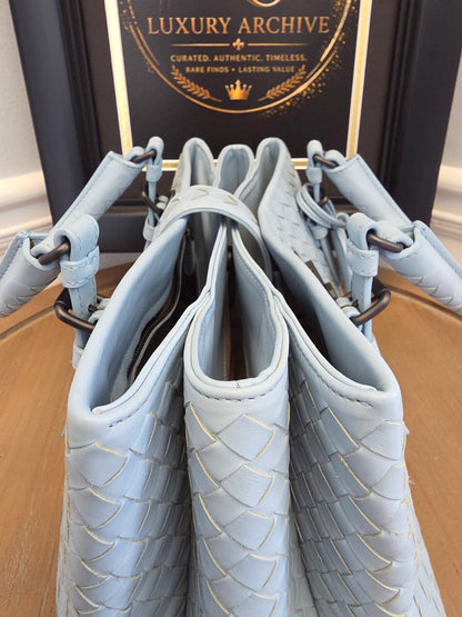Bottega Veneta Roma Intrecciato Tote Bag in Light Blue with Brunito Hardware