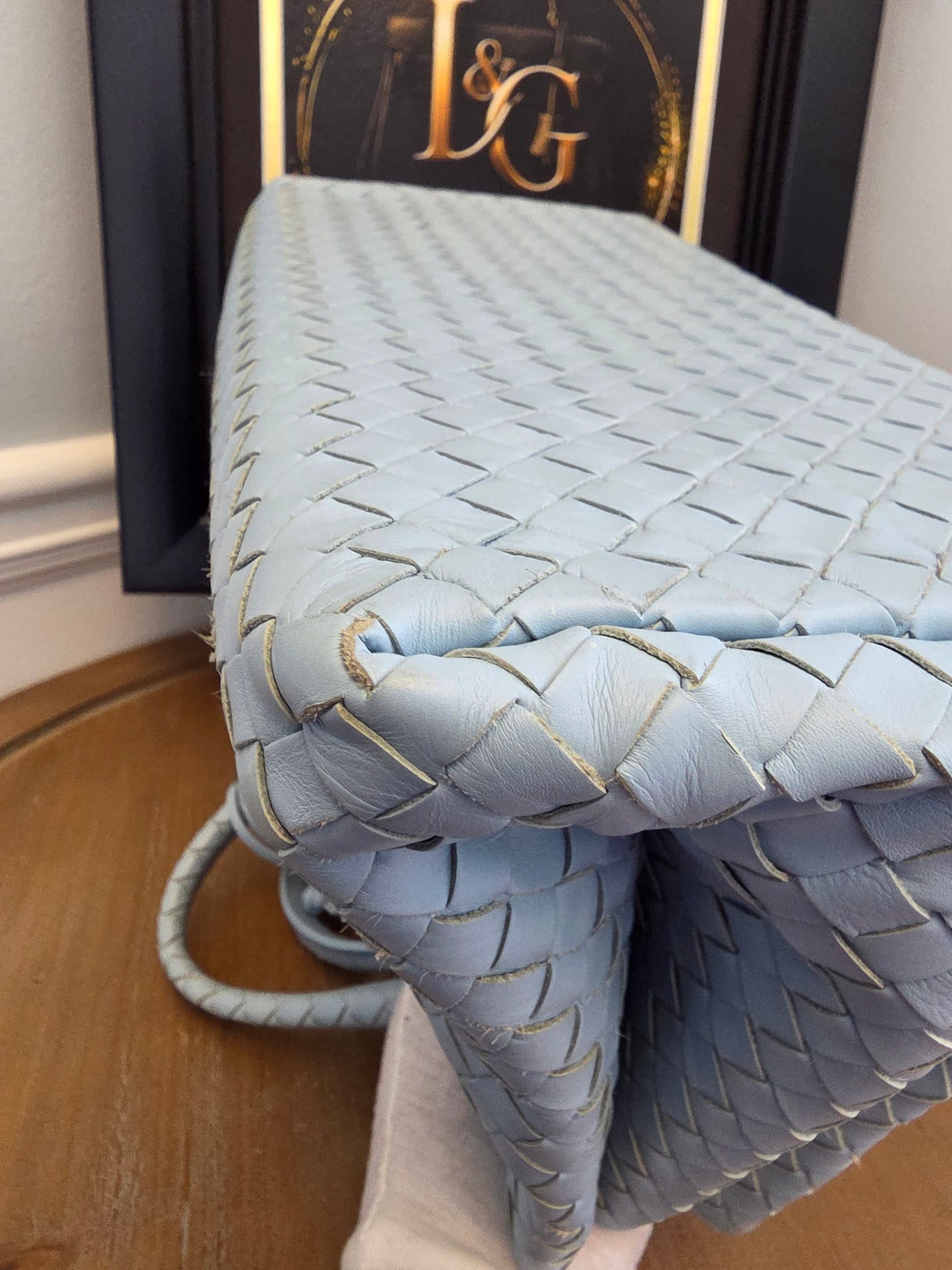 Bottega Veneta Roma Intrecciato Tote Bag in Light Blue with Brunito Hardware